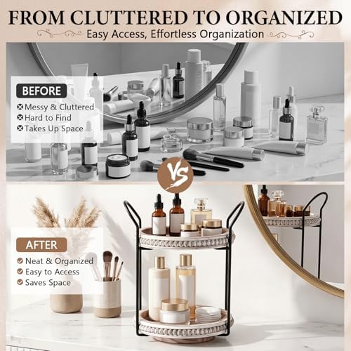 Qunclay 360 Rotating 2 Tier Wooden Tray Organizer Rustic Farmhouse Vanity Storage Large Capacity Round Organizer with Iron Frame for Cosmetics Perfume Skincare Kitchen Counter Bathroom Coffee Station - Image 4