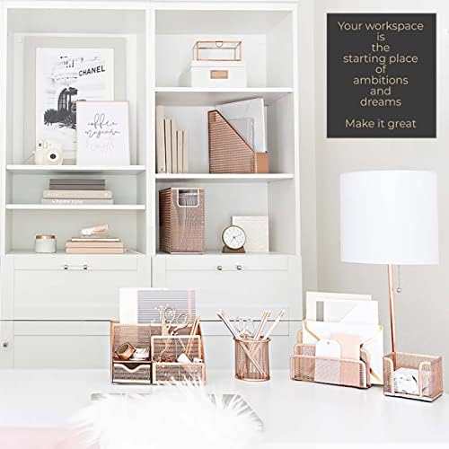 BLU MONACO Rose Gold Desk Organizer Set | 5-Piece Metal Desktop Organization Kit With File Holder, Magazine Rack, Pen Cup, Sticky Note Holder and Letter Sorter | Stylish Office Accessories - Image 2