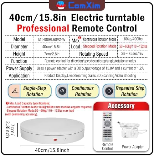 15.8In Remote Motorized Electric Turntable Rotating Display Stand Rotating Platform Photography Turntable motorized lazy susan base giratoria para for Photography,3D Scanner,(Load Range:132~400lbs) - Image 2