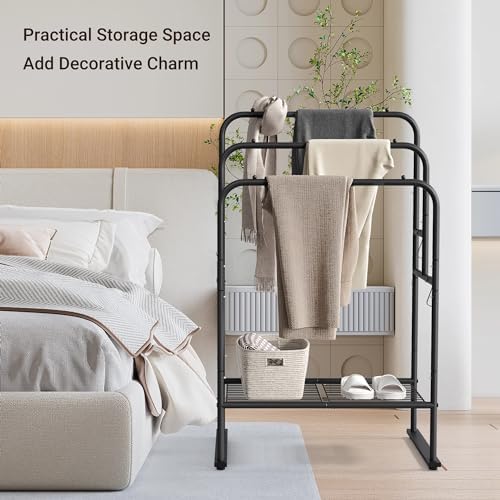 ELYKEN 3 Tier Freestanding Towel Rack with Shelf, 40" H Towel Stand, Black - Image 7