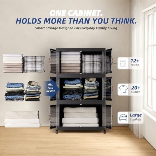 SAILUN 321QT/80Gal Stackable Storage Bins with a Lid, Collapsible Storage Bins With Doors, Folding Cabinet for Home Closet Organization,3 Pack-26 W x 16.5" D x 43.3" H Black - Image 5