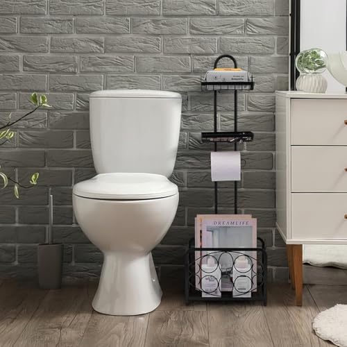 Oasis Creations Toilet Paper Holder Tissue Rack Stand with Magazine Toilet Roll Storage Basket- Freestanding, Black Metal - Image 2