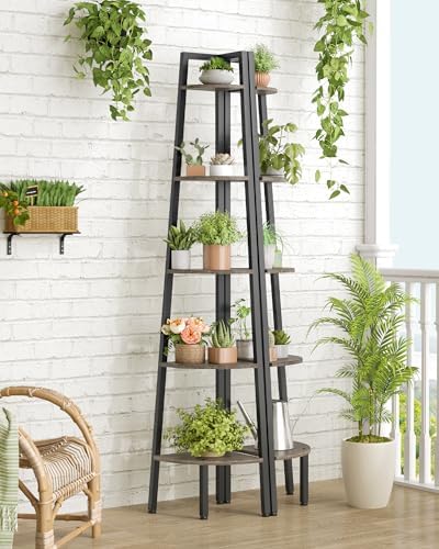 Hoctieon Corner Shelf, 5-Tier Corner Bookshelf, Rustic Ladder Shelf, Industrial Display Stand for Living Room, Kitchen, Home Office, Balcony, Small Space, Metal Frame, Grey - Image 7