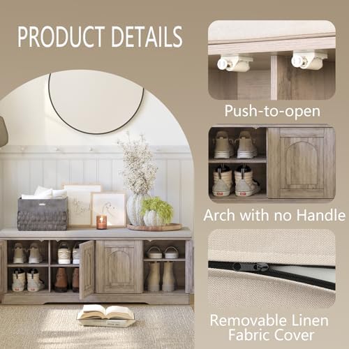 DINZI LVJ Shoe Storage Bench with Cushion, Door, Greige 47.2" LX17.7 H - Image 5