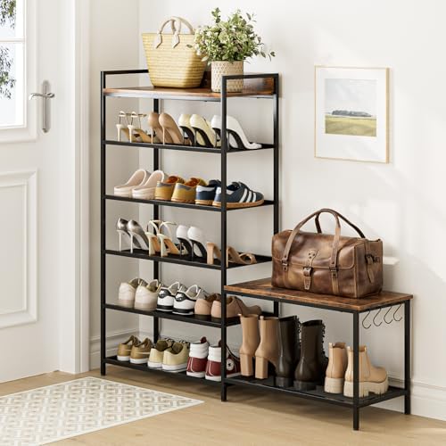 Shoe Rack Bench Storage Organizer for entryway,6-Tier Industrial Free Standing Shoe and Boot Racks with Seat,Entrance Shoe Rack Organizer Shelves for High Heels,Hallways, Closets,Brown,48.7in - Image 2