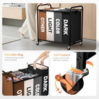 Laundry Sorter 4 Sections 48 Gal, Rolling Laundry Basket with Wheels ＆ Lid - Image 5