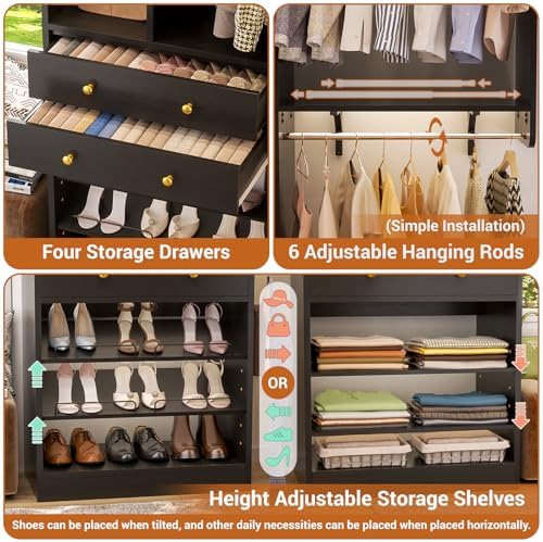 Besiost Closet System, Up to 128.6"/10.7 FT Closet Organizer with 4 Wooden Drawers and Shelves, Walk-in Closet System with 6 Hanging Rods, Built-in Closet Can Fit 96"/8FT, 120"/10FT, Black Set 2 - Image 5