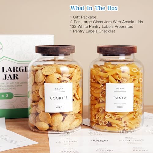 CZHQSMZ Set Of 2 Large Glass Jar with Wooden Lid with 132 Labels, Glass Storage Jars for Flour Pasta Candy Coffee Cookie and More(70 FL OZ/2000 ml) - Image 5