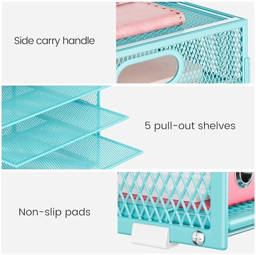 Lavatino 8-Tier Office Desk File Organizer, Letter Tray Paper Organizer with Handle, Including 5 Adjustable Slide Trays for Organizing Desktop Workspace Accessories and Supplies (Blue Metal Mesh) - Image 3