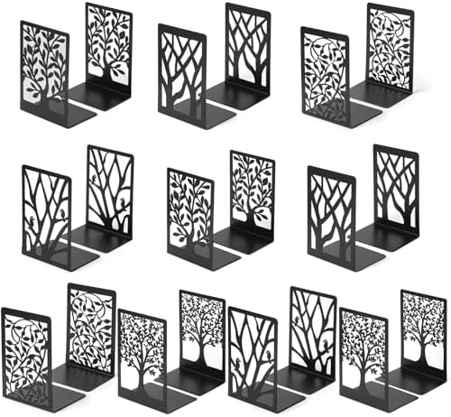 20 Pieces Book Ends for Shelves Heavy Duty Bookends Non-Skid Metal Book Holders Black Tree Design Modern Bookends for Shelves Office Home Decorative Book Stopper for Books CD(10 Pair) by VZZNN