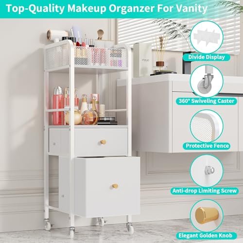 HapiRm Rolling Makeup Cart Organizer - Floor Skincare Make Up Storage with 2 Non-woven Fabric Drawers, Vanity Organizer Cosmetic Display Cases Holder for Skin Care Perfume Nail Polish Brush Hair Tool - Image 5