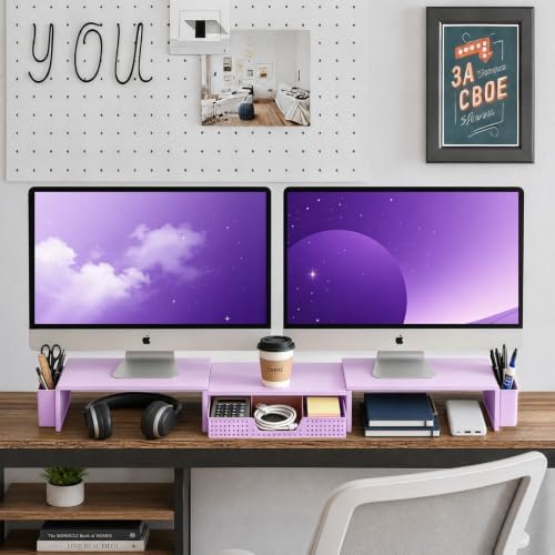 LEKETREE Dual Monitor Stand Riser with Drawer and 2 Pen Holders, Purple - Image 3
