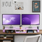 LEKETREE Dual Monitor Stand Riser with Drawer and 2 Pen Holders, Purple - Image 3