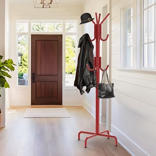 Simple Houseware Standing Coat/Hat Hanger Organizer Rack, 12 Hooks, Red - Image 2