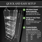 DECOLURE 5-Tier Adjustable Hanging Closet Organizer – Maximize Hanging Storage w/ 4 Hanging Hooks, 8 S Hooks & 5 Name Plates - Sturdy Foldable Wire Storage Hanging Shelves for Clothes, Towels (White) - Image 2