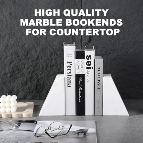 Karibiber Marble Bookends for Heavy Books, Decorative Book Ends for Shelves, White Stone Durable and Heavy-Duty Book Ends for Hardback Books & CDS, Unique Book Stopper & Holder, Set of 2 - Image 2