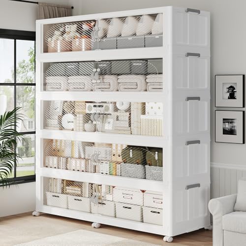 1600QT Extra Large Stackable Storage Bins with Lid, 400Gal Plastic Closet Organizers and Storage Drawer, Collapsible Cabinet Box with Wheels Clear Doors for Home Kitchen Office, 5Pack White by QAVABIN