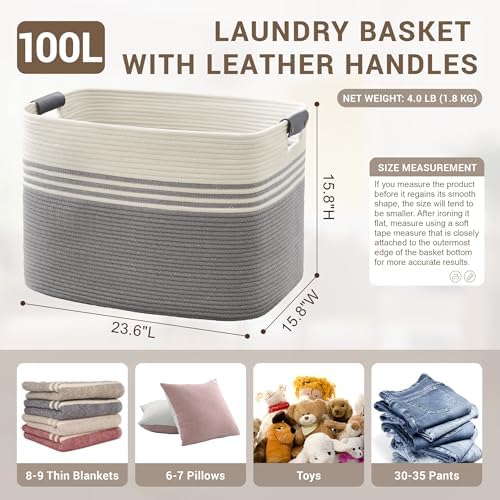 100L Large Woven Laundry Basket Hamper with Leather Handles,Grey - Image 2