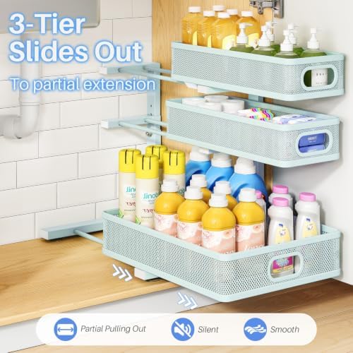 Under Sink Organizer, 3-Tier Thickened Metal Pull out Cabinet Organizer Shelf, Height Adjustable Slide out Storage Drawer Rack for Kitchen Bathroom Pantry Laundry Home, 1-Pack, LightBlue - Image 5