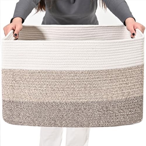 ICERZCZ Large Rectangle Blanket Basket, Large Storage Basket for Organizing, Cotton Rope Woven Basket for Storage with Handles, Baby Nursery Living Room Bedroom, 22”x17”x12”, 75L by ICERZCZ