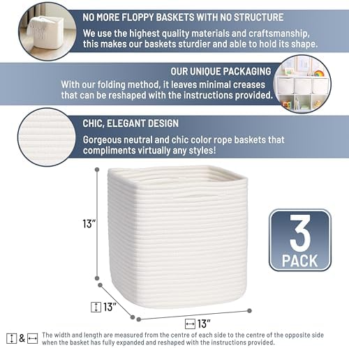 NaturalCozy 13 Inch Cube Storage Bins Cotton Rope Woven Baskets for Organizing 3-Pack | 13 x 13 Storage Cubes | Fabric Square Storage Baskets for Shelves Organizer, Kids Toy Bins, Closet Baby Nursery - Image 2