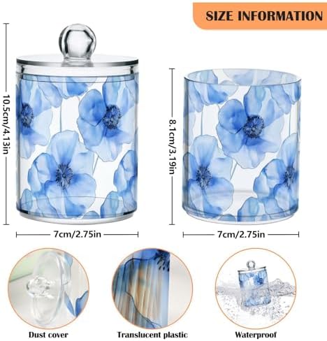 Fustylead 4 Pack Beautiful Blue Poppy Flower Qtip Holder Dispensers for Cotton Swab, Ball, Round Pads, Floss, Plastic Apothecary Jar Set for Bathroom Canister Storage - Image 2