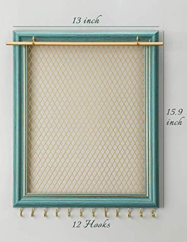 Heesch Hanging Earring Organizer Frame Wall Mounted Jewelry Holder Vintage Rustic Stud Earring Display with Removable Rod and 12 Hooks for Necklaces, Bracelets and Rings (Teal) - Image 5