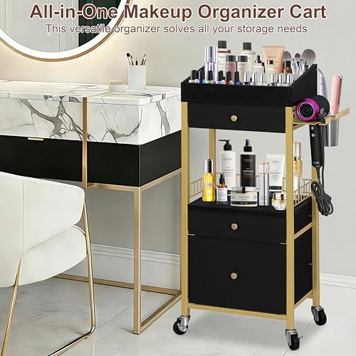 Makeup Organizer Cart, 3 Drawers, Vanity Organizer, Gold & Black - Image 2