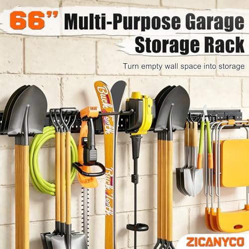 Garage Tool Organizer Wall Mount 66 inches with 13 Adjustable Heavy-Duty Hooks, Garage Organization, Garden Tool Storage Rack for Garage, Yard, and Shed, Holds Up to 520 lbs - Image 2
