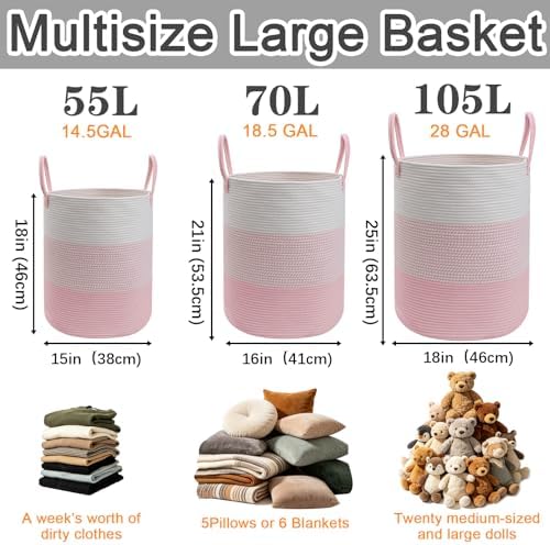 70L Pink Large Woven Laundry Basket, Clothes Hamper with Handles - Image 2