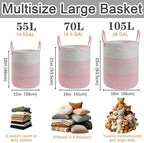 70L Pink Large Woven Laundry Basket, Clothes Hamper with Handles - Image 2