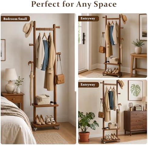 Taitiy Small Clothes Rack Solid Wood Coat Rack Freestanding with Wheels - Image 6