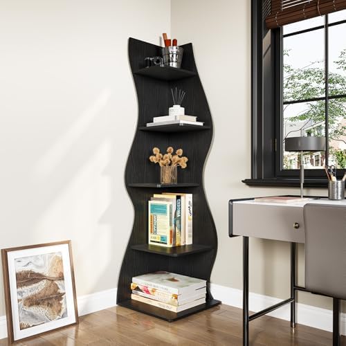 LITTLE TREE Small Corner Shelf, Modern 5-Tier Wall Corner Bookshelf, Stylish Bookcase Storage Rack for Small Space, Living Room, Bedroom, Black, 2 Pack - Image 2