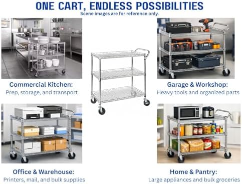 Heavy Duty 3 Tier Rolling Utility Kitchen Cart on Wheels,Large 45"L x 17 1/2"D x 45"H Metal Serving Cart Commercial Grade with Wire Shelving and Handle Bar for Office School Church Kitchen Hardware - Image 7