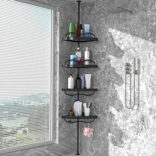 Black Corner Shower Caddy Tension Pole - Heavy Duty Rustproof Stainless Steel Shower Organizer with 4 Adjustable Shelves, No-Drill Free Standing for Bathroom, Bathtub, RV,54" to 114" Tall by Unknown