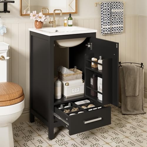 Harper & Bright Designs 18" Bathroom Vanity with Sink, Free Standing Single Vanity Set with One Divider Drawer, and Door Storage Shelf, Wooden Storage Cabinet with Ceramic Basin for Bathroom, Black by HarperBrightDesigns