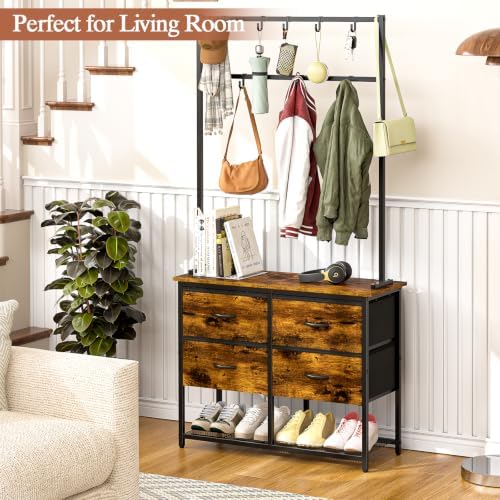 ThreeHio Hall Tree with Shoe Storage Bench, 31.5" Coat Rack for Entryway, 5-in-1 Entryway Organizer with Drawers and Storage Shelf, Steel Frame, with 8 Removable Hooks, Rustic Brown and Black - Image 6