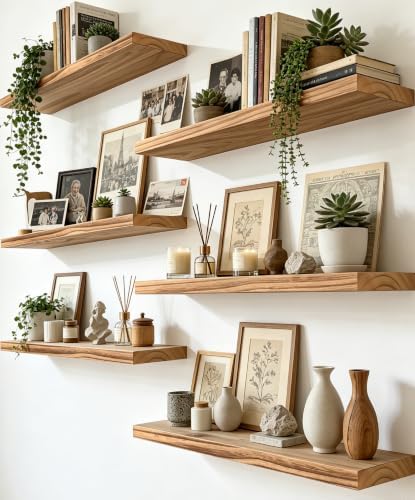 17 Inch Rustic Wood Floating Shelves Farmhouse Wooden Wall Shelves for Bathroom Bedroom Living Room Kitchen Office Set of 6 Light Brown by HXSWY