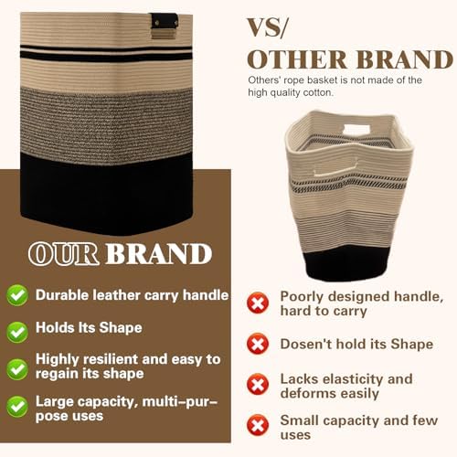 Laundry Hamper, 105L Tall Laundry Basket with Leather Handles, Rectangle Large Clothes Hamper for Organizing, Cotton Woven Laundry Baskets Storage Hampers for Bedroom, Nursery, Living Room - Image 6