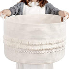 CherryNow 90L Large Woven Rope Blanket Basket with Tassel, 22" x 14", White by CherryNow