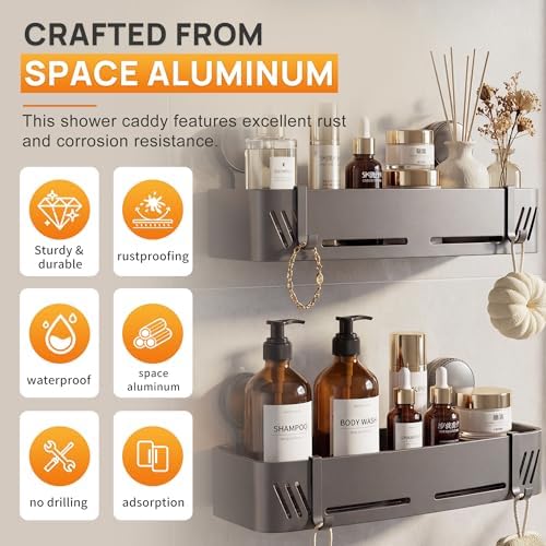 2-Pack Suction Cup Shower Caddy with Hooks, Gun Grey Aluminum - Image 3