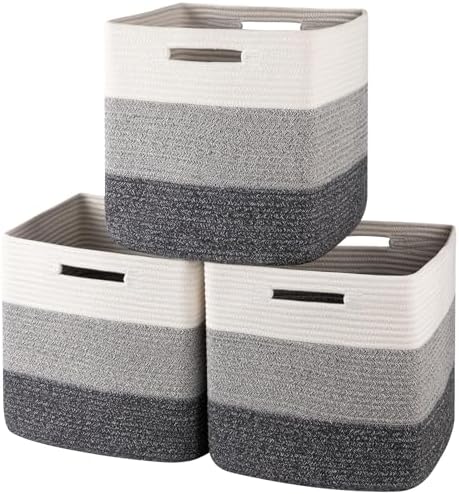 OIAHOMY 13 Inch Cube Storage Bins, 3-Pack Cotton Rope Woven Baskets for Organizing, Insert Storage Baskets for Shelves, Baby Nursery, Closet Organizer, 13 * 13 * 12.6IN, Gradient Gray by MasterofSpaceOptimization