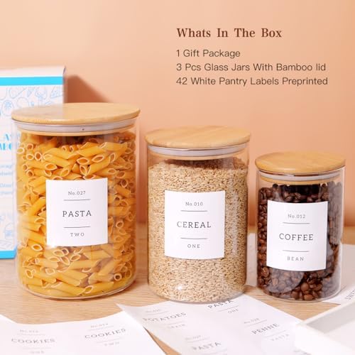 3 Pcs Glass Canisters with Airtight Bamboo Lids and 42 Kitchen Pantry Labels Preprinted - Clear Glass Flour and Sugar Storage Container Set - Large Glass Jars with Wood Lids(100 OZ/54 OZ/27 OZ) - Image 2
