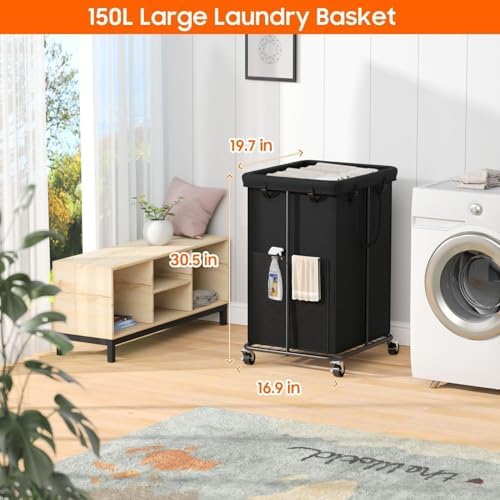 Laundry Hamper with Wheels, 150L Rolling Laundry Basket with Bag & Handles - Image 2
