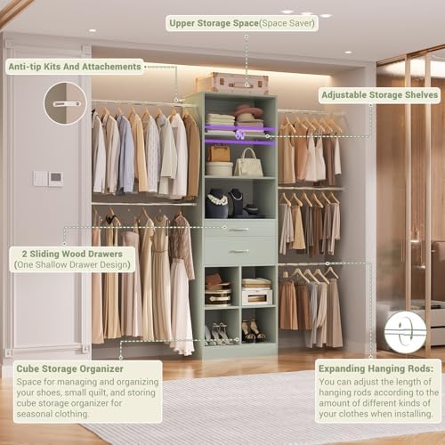 Besiost Closet System, 4-8 FT Closet Organizer Tower with 2 Wooden Drawers and 5 Hanging Rods, Can Fit 60 to 96 inch Walk-in Closet System, Crab Green - Image 4