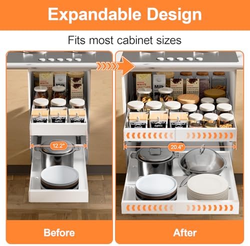 YJHome 2 Pack Pull Out Cabinet Organizer, No Drill Expandable Width 12"-20" & 21" Depth, Adhesive or Screw-In Installation, Magnetic Divider for Custom Storage, for Kitchen Pantry Bathroom Cabinet - Image 2