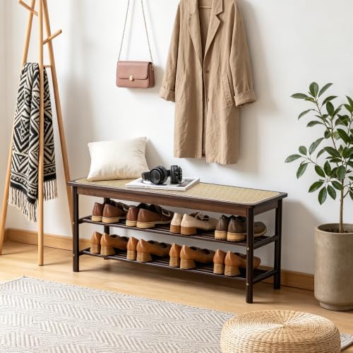 SOBIBO Bamboo Shoe Rack Bench with Rattan Seat, 3-Tier Shoe Storage Bench, Entryway Bench for Hallway,Walnut 39.4 inches - Image 6