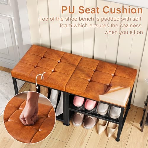 DreamDashio Set of 2 Small Shoe Storage Benches with PU Leather Cushion, 3-Tier Shoe Rack Organizer for Entryway, Metal Mesh Shelves, Holds Up to 300 lbs, Brown (31.5"x11.4"x17.5") - Image 5