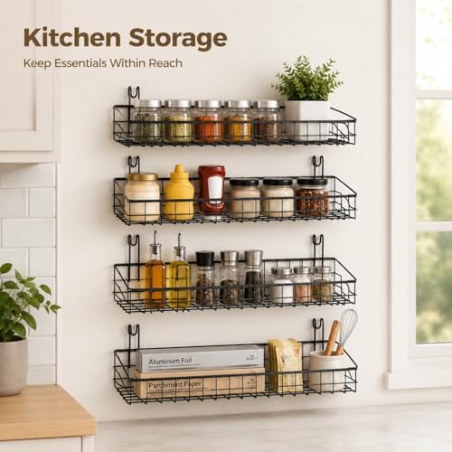 4 Pcs Metal Grid Wall Baskets with Hooks, 15.75 x 3.94 x 1.97 Inch Grid Wall Shelves Hanging Wire Basket Multi Function Storage Organizer for Kitchen Organizing Display (Black) - Image 4