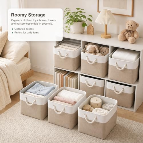 11x11 Inch Cube Storage Bins, 6 Pack Collapsible Fabric Storage Cubes with Rope Handles, Waterproof Foldable Storage Baskets for Cube Shelves, Closet, Clothes, Toys, Books, White & Beige Gold - Image 2